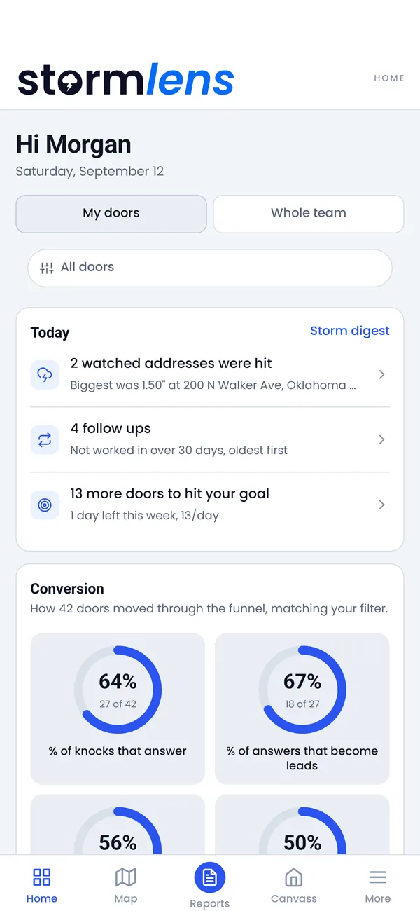 StormLens Home with demonstration storm alerts, follow-ups, and conversion metrics.